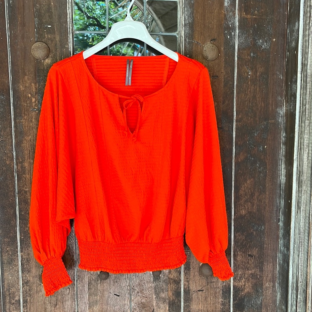 by Anthropologie | Smocked Cotton Blouse Orange Puff Sleeve